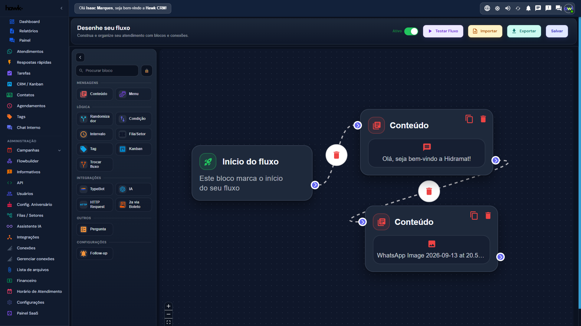 Prévia do Hawk CRM com construtor de fluxo de atendimento